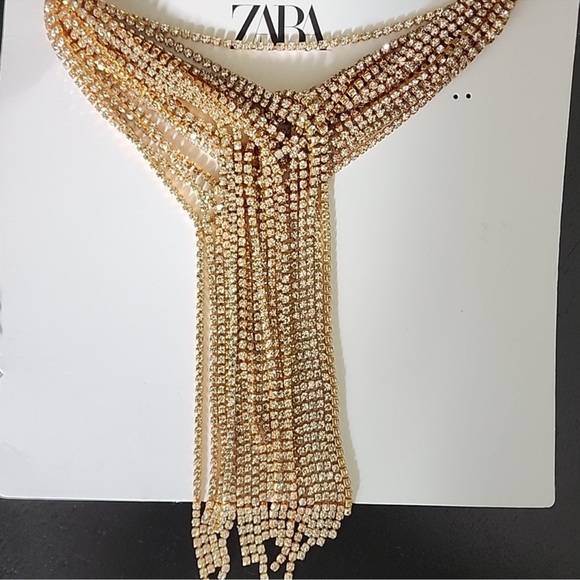 ZARA Rhinestone Necktie Necklace Goldtone NWT - Picture 8 of 9
